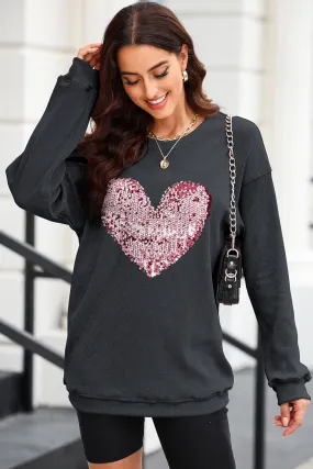 💖 Heart Sequin Round Neck Sweatshirt: Sparkle, Snuggle, and Slay