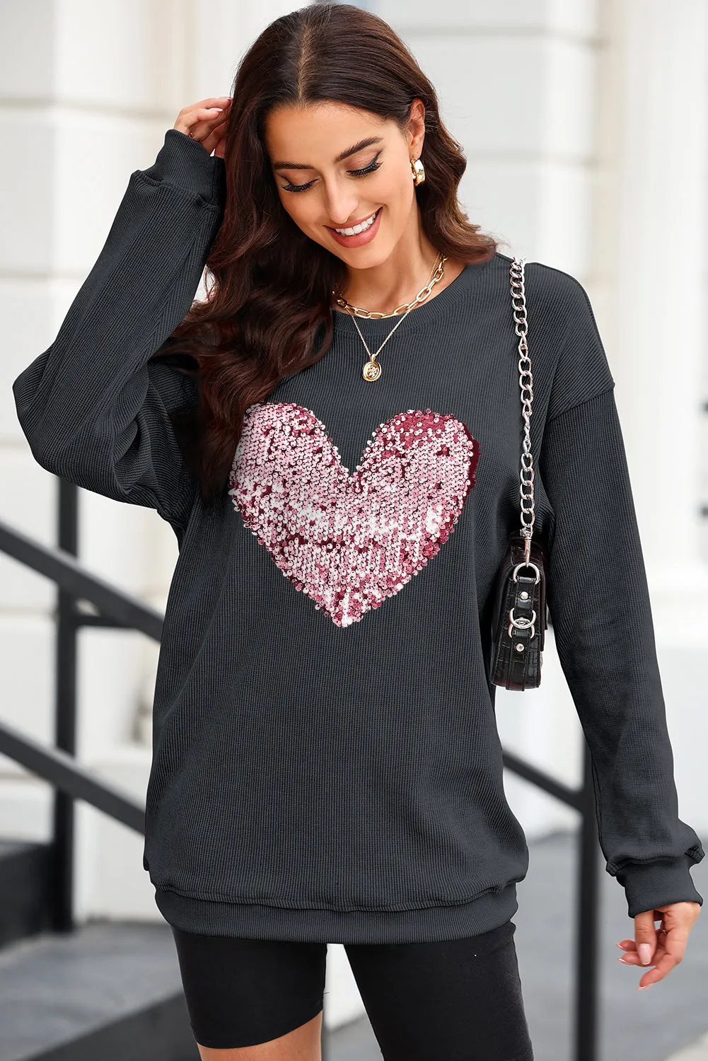 💖 Heart Sequin Round Neck Sweatshirt: Sparkle, Snuggle, and Slay