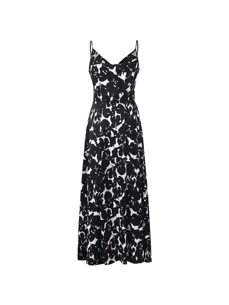 19 Momme Mulberry Silk Iris Printed Women Maxi Spaghetti Strap Dress With Scrunchie