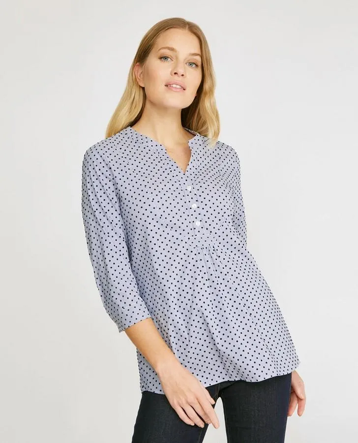 3/4 Sleeve Flocked Dot & Stripe Shirt