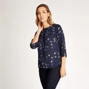 3/4 Sleeve Twill Floral Denim Top