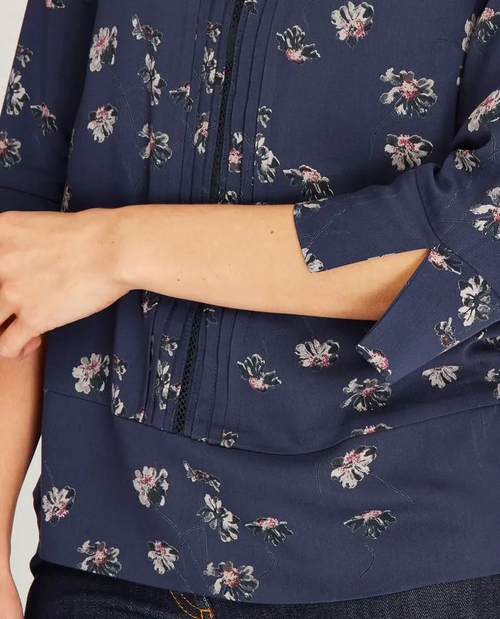 3/4 Sleeve Twill Floral Denim Top