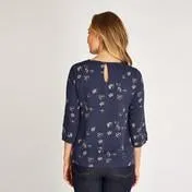 3/4 Sleeve Twill Floral Denim Top