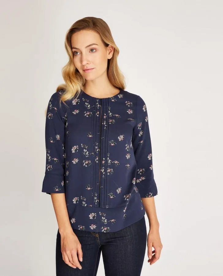 3/4 Sleeve Twill Floral Denim Top