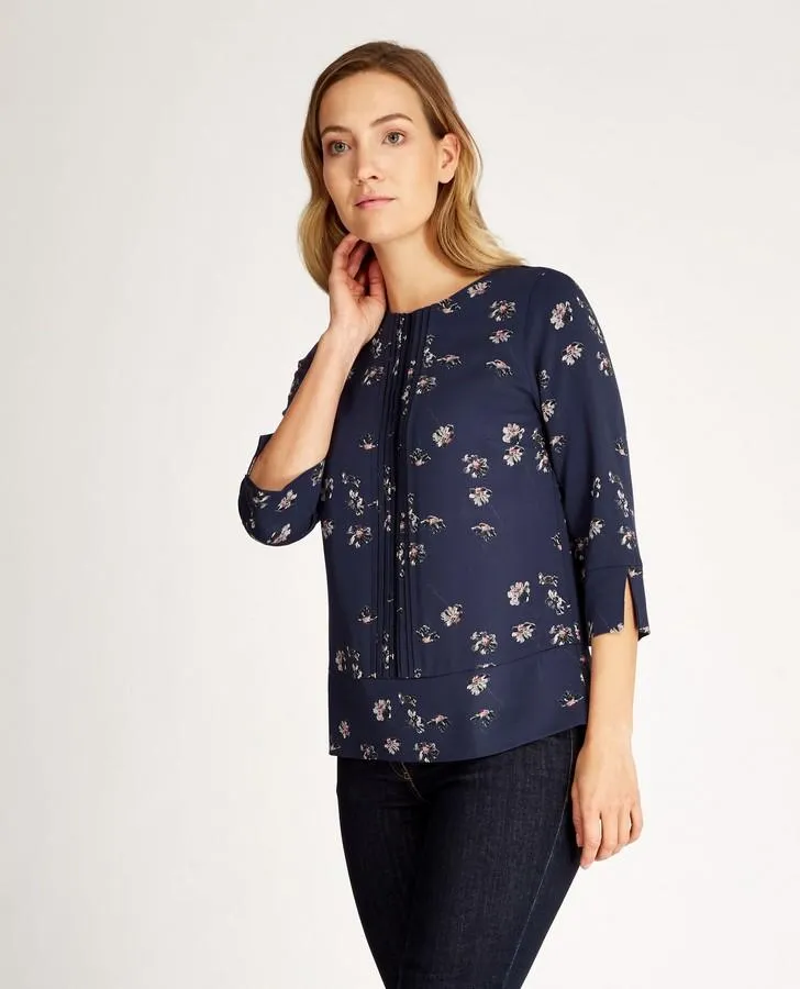 3/4 Sleeve Twill Floral Denim Top