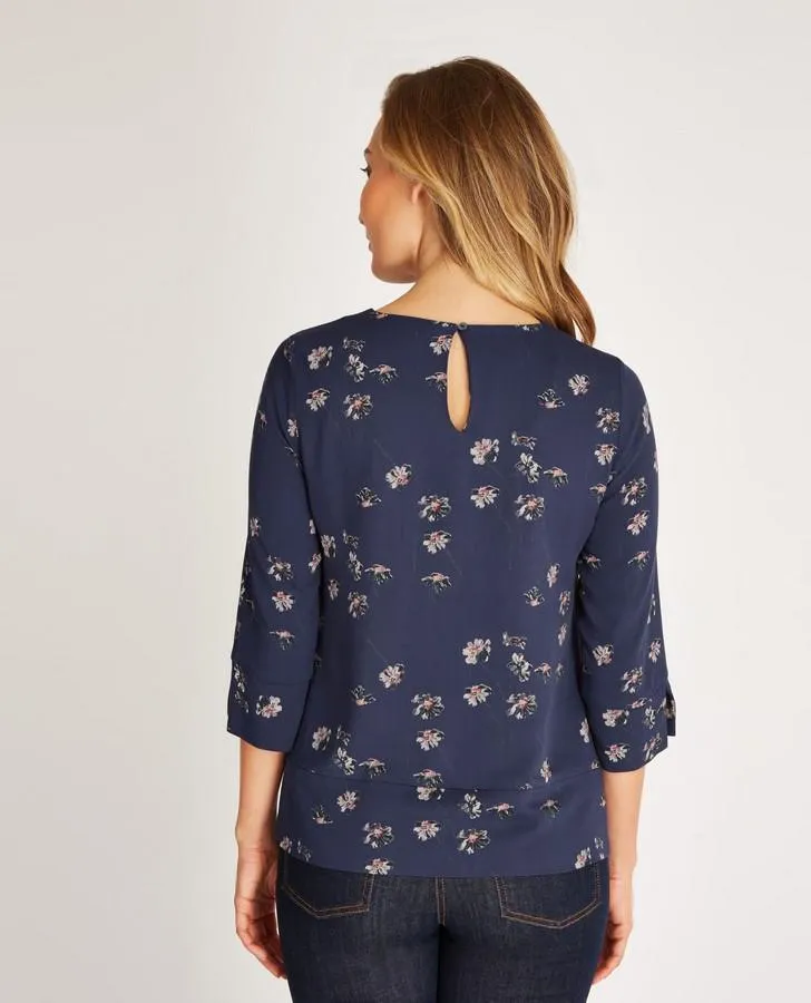 3/4 Sleeve Twill Floral Denim Top