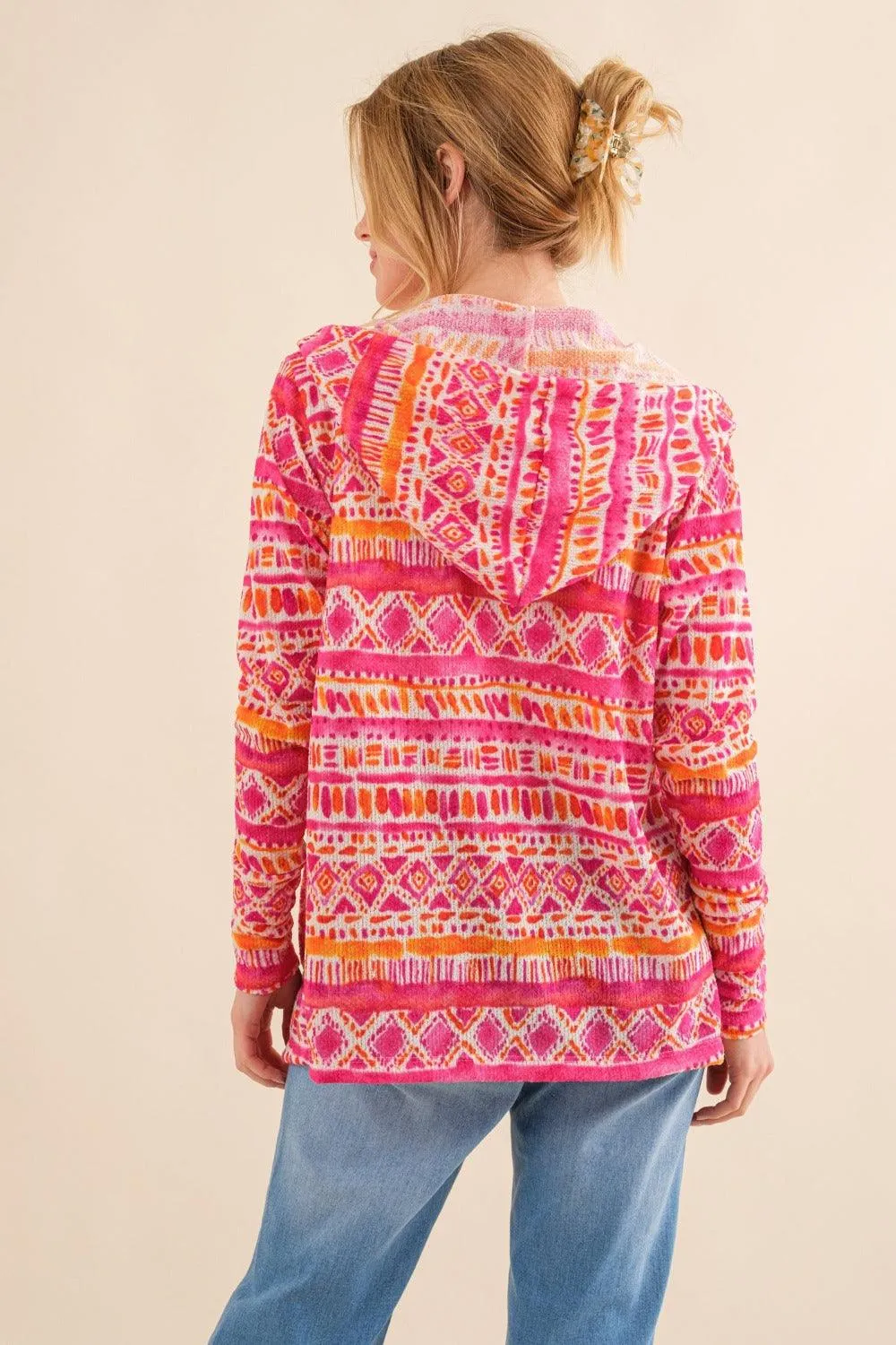 And The Why Full Size Printed Thermal Hooded Open Front Cardigan