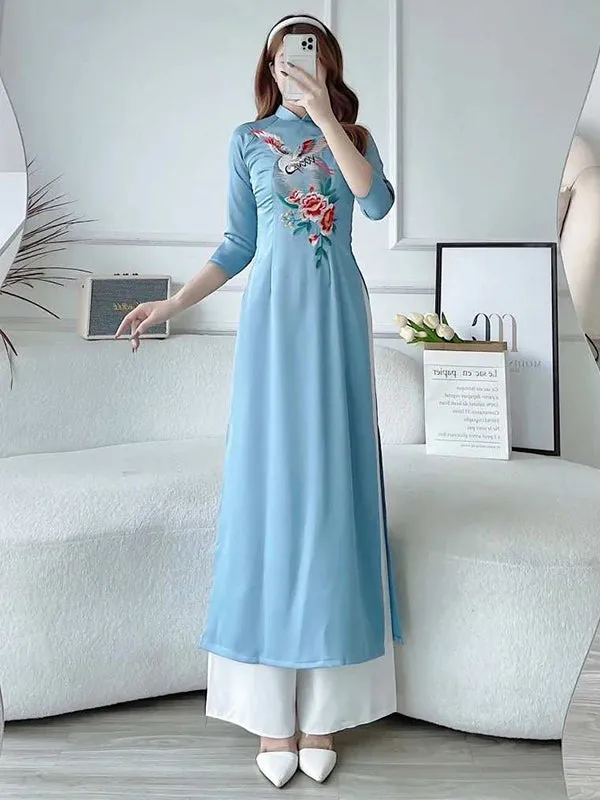 Ao Dai Dress Blue Embroidery Moon Includes One Ao Dai Top And Pants