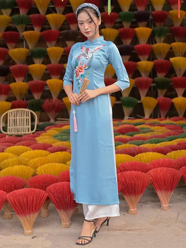 Ao Dai Dress Blue Embroidery Moon Includes One Ao Dai Top And Pants