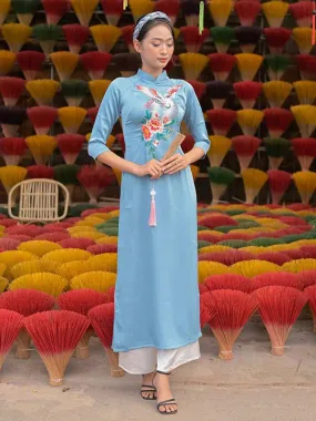 Ao Dai Dress Blue Embroidery Moon Includes One Ao Dai Top And Pants