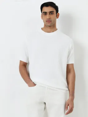 Ascot White Self-Textured Relaxed-Fit Cotton T-Shirt