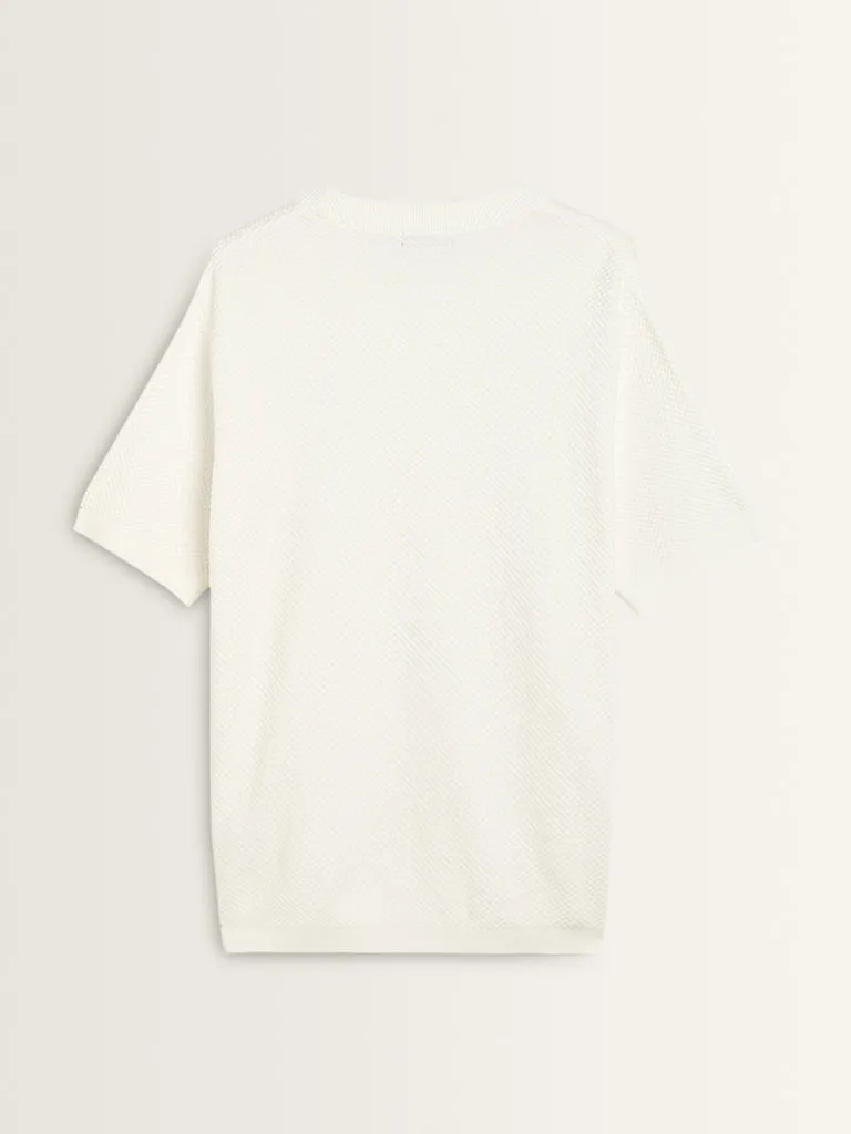 Ascot White Self-Textured Relaxed-Fit Cotton T-Shirt