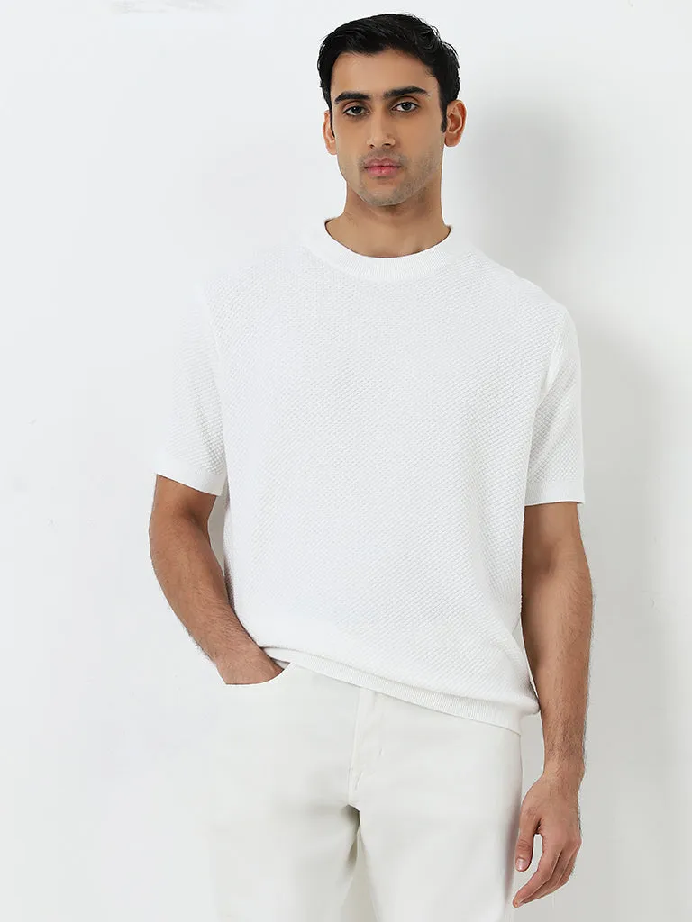 Ascot White Self-Textured Relaxed-Fit Cotton T-Shirt