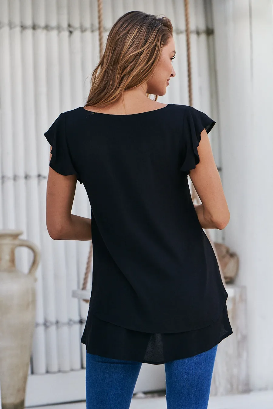 Audrey V Neck Black Frill Sleeve Top