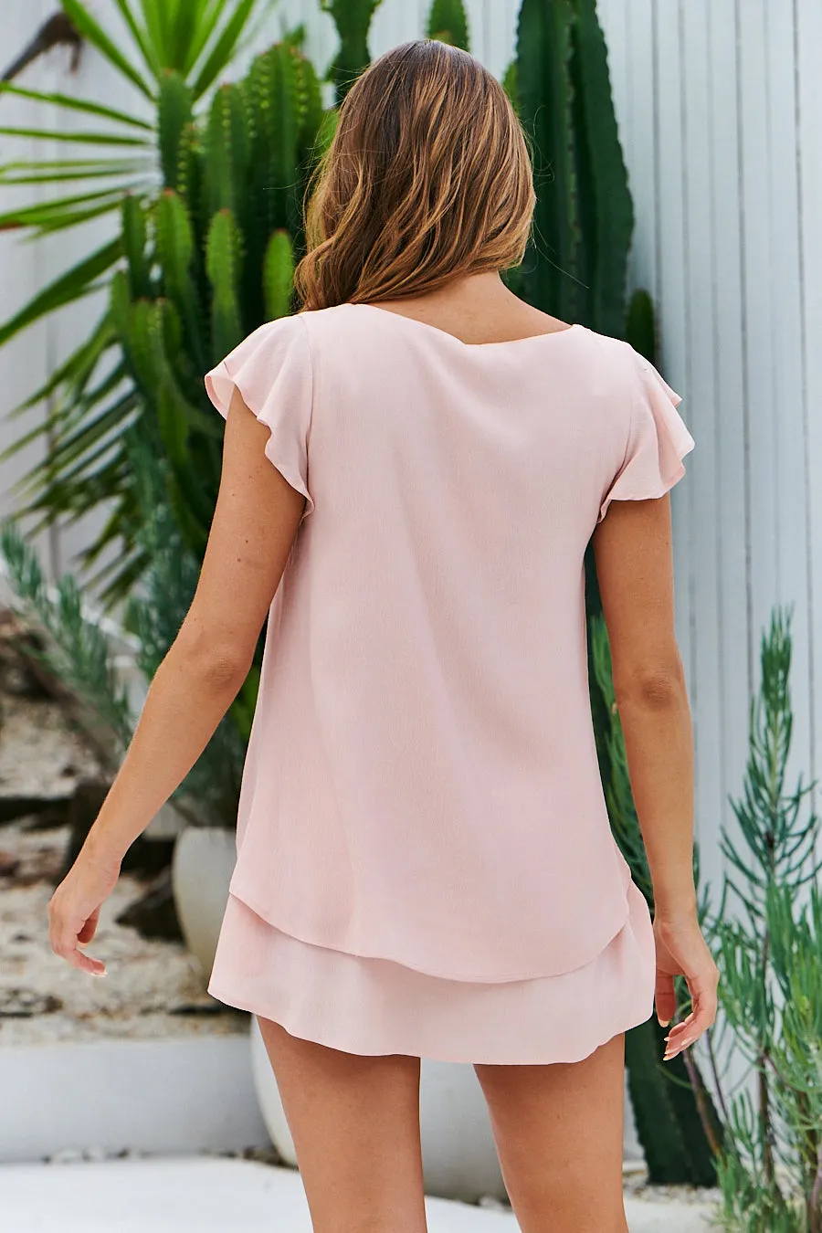 Audrey V Neck Pink Frill Sleeve Top