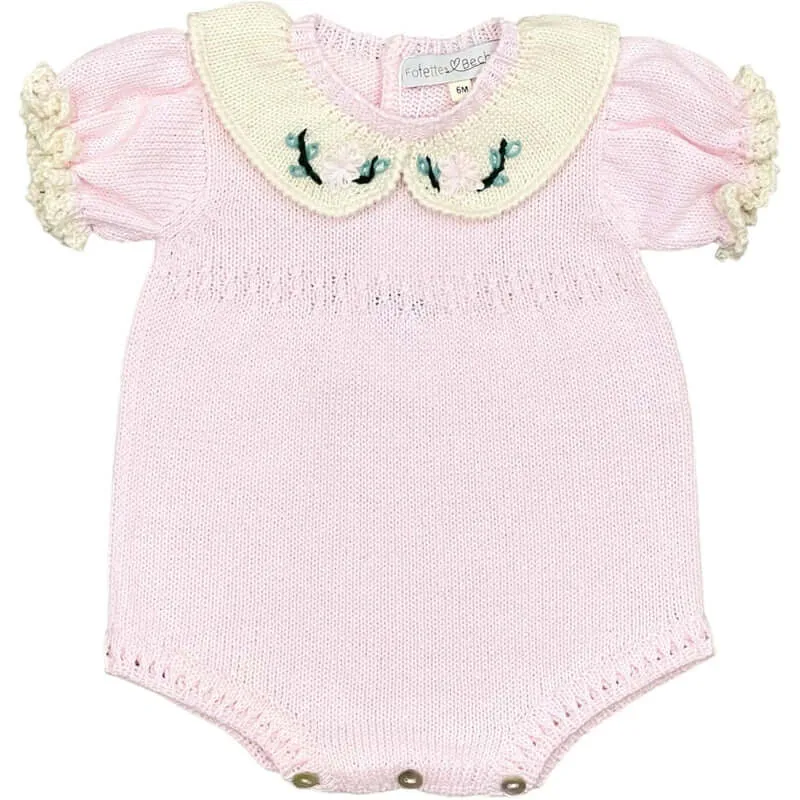 Baby Girls Pink Knitted Romper with Embroidered Flowers