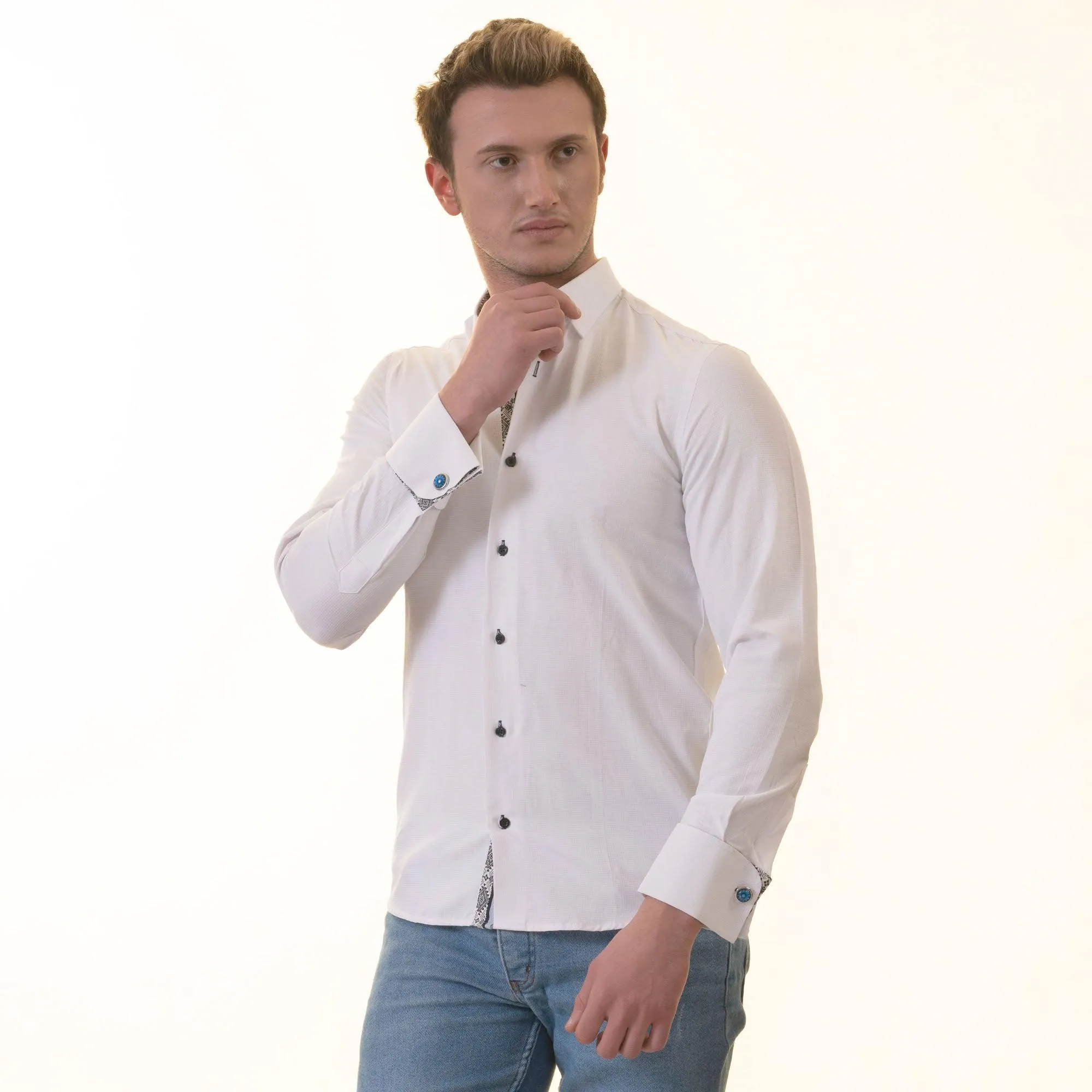 Black & White Printed Slim Fit Double Cuff Shirt