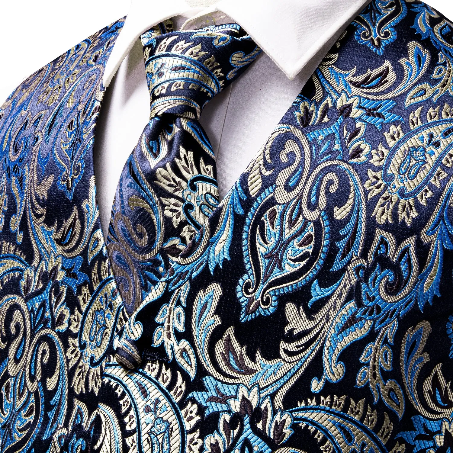 Black Blue Paisley Men's Vest Tie Hanky Cufflinks Set Waistcoat Suit Set