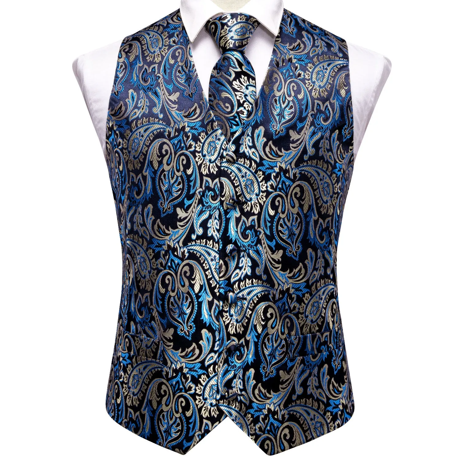 Black Blue Paisley Men's Vest Tie Hanky Cufflinks Set Waistcoat Suit Set