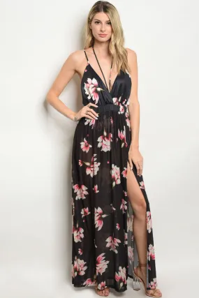 Black Floral Plunging Neckline Maxi Dress