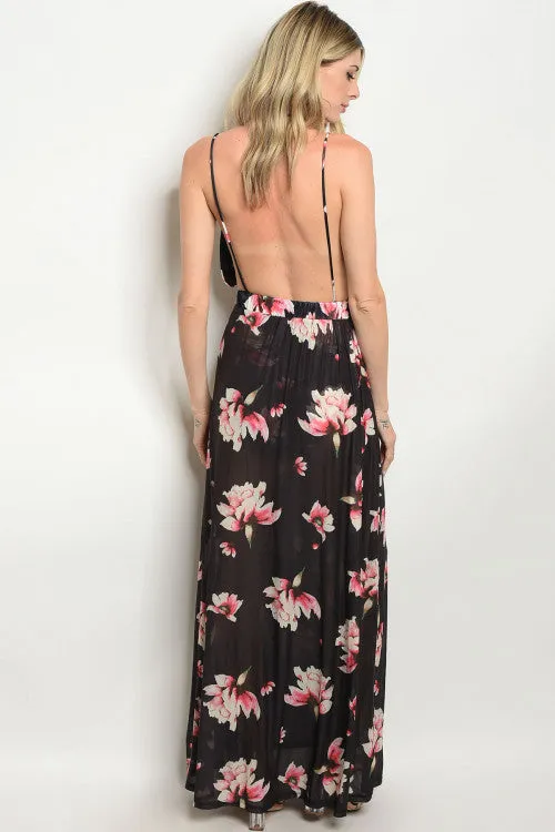 Black Floral Plunging Neckline Maxi Dress