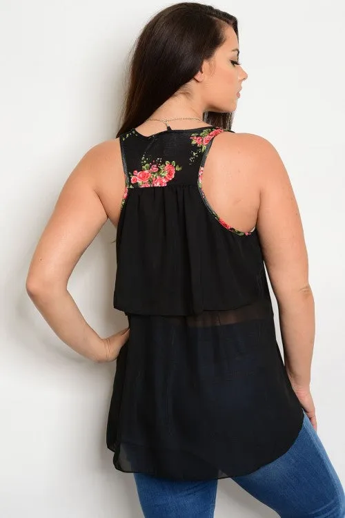 Black Floral Racer Back Plus Size Top with Necklace