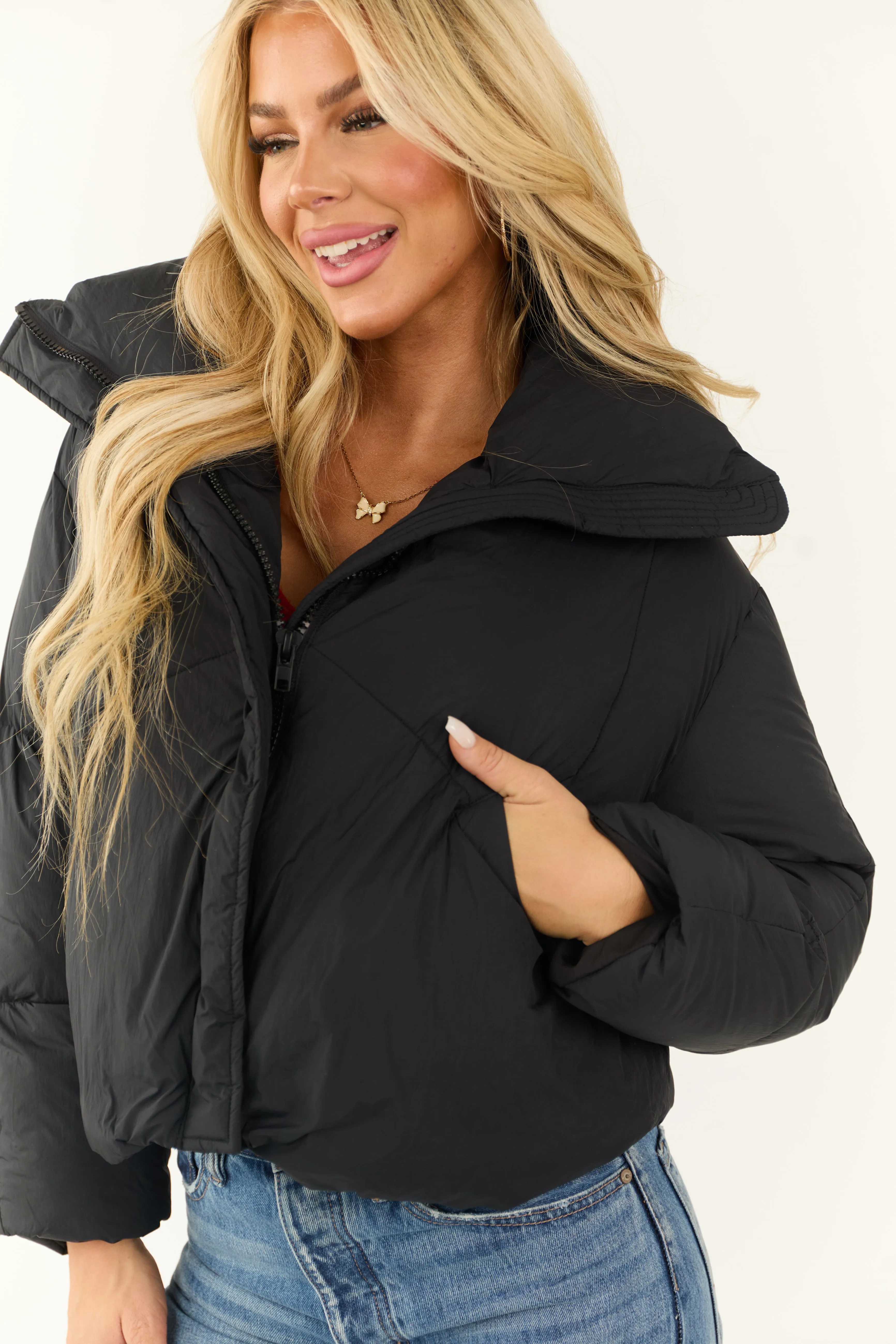 Black Mock Neck Puffer Sleeve Jacket