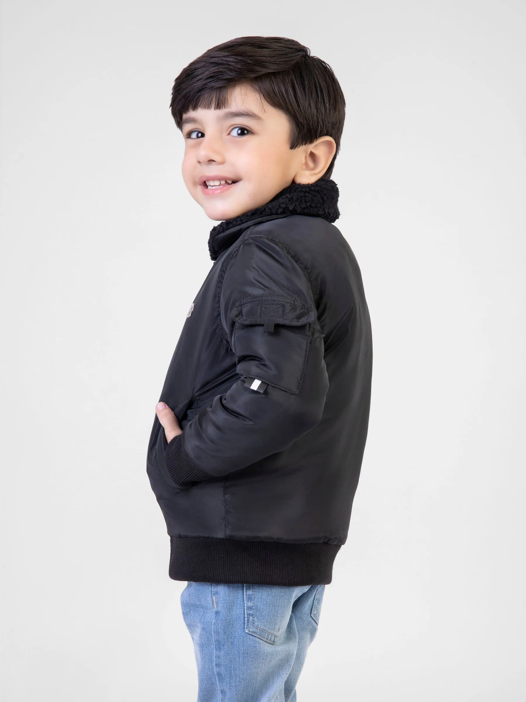 Black Quilted Casual Jacket With Sherpa Collar