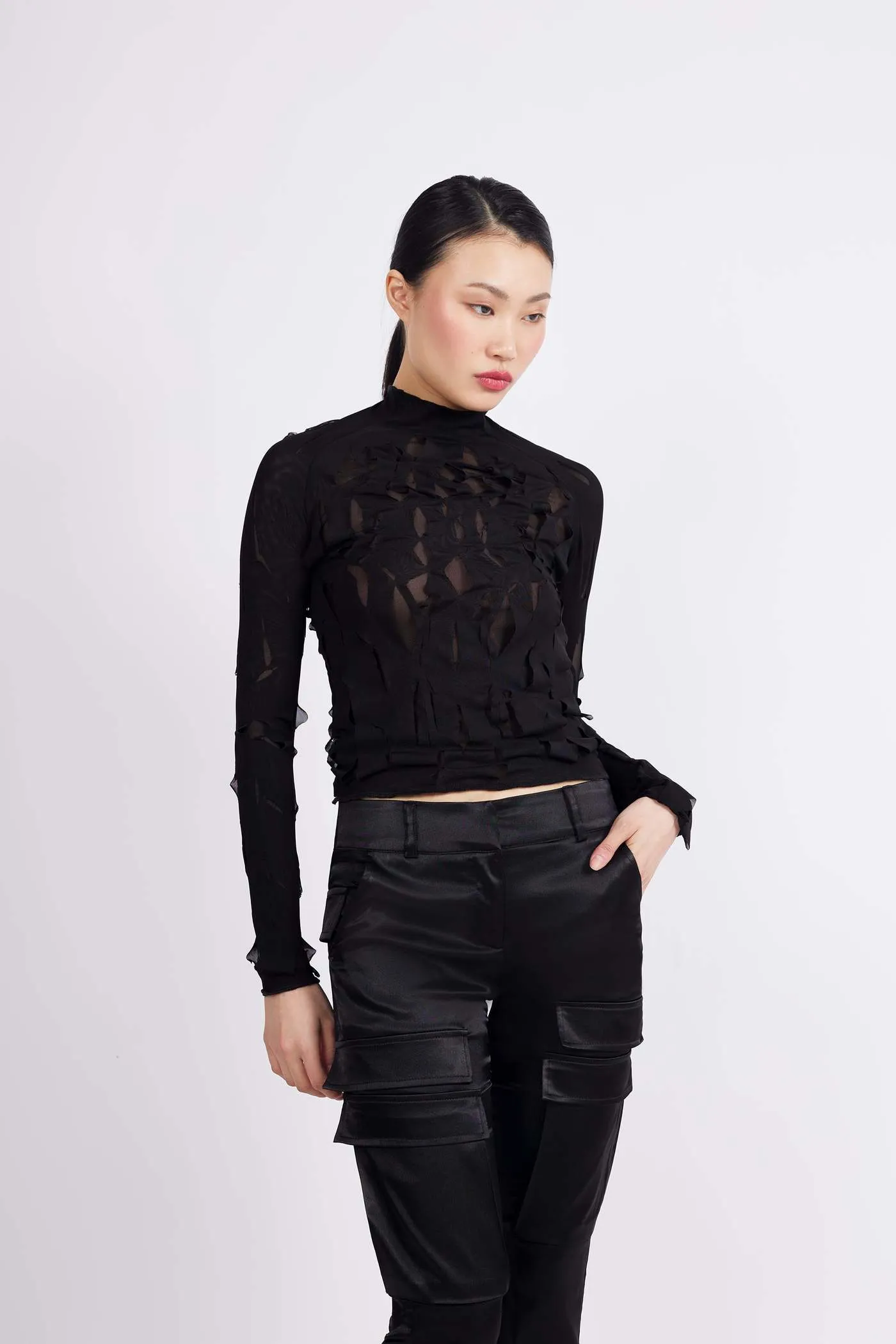 Black Slashed Mesh Top