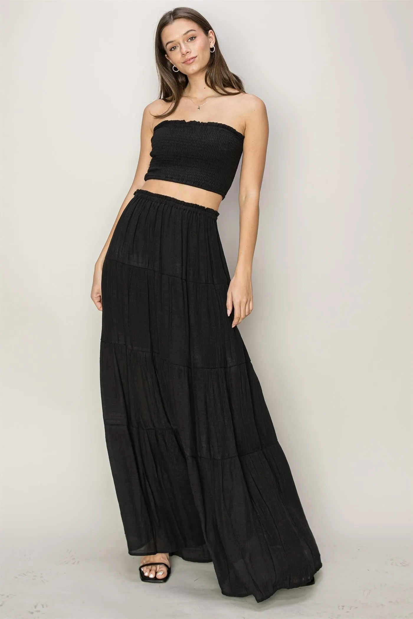 Black Tube Top And Tiered Maxi Skirt Set