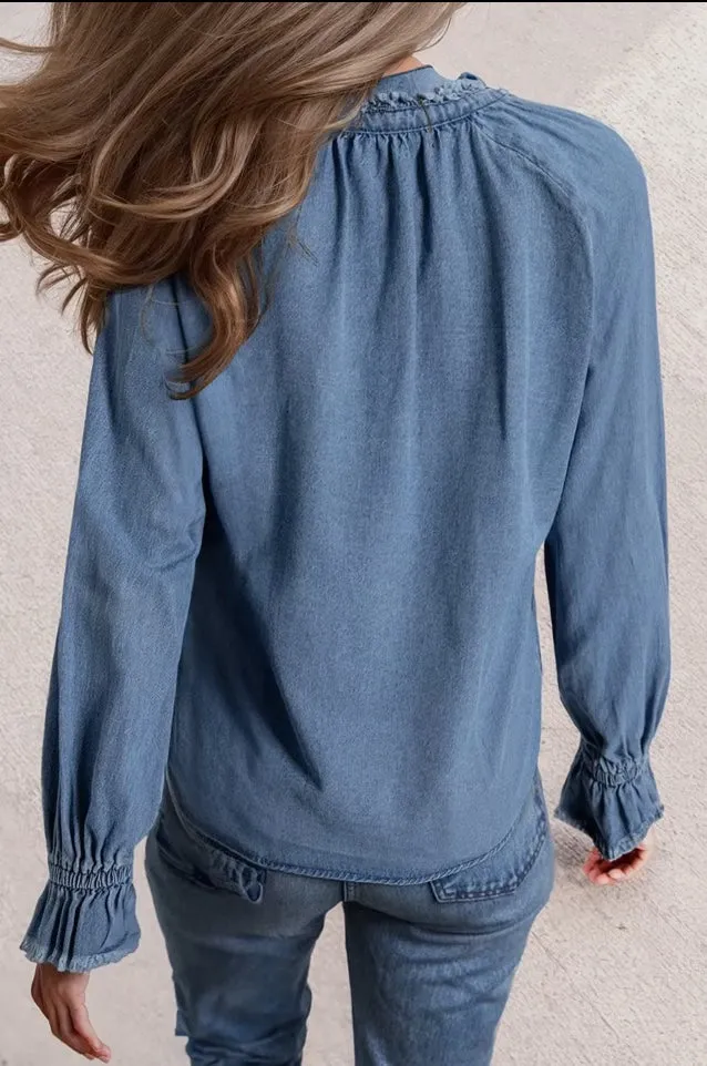 Blouse - Frill Long Sleeve Half Buttoned Denim Top, Blue