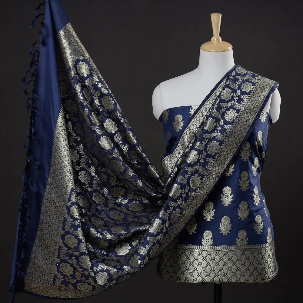 Blue - 3pc Banarasi Jaal & Buti Cutwork Zari Work Silk Suit Material Set