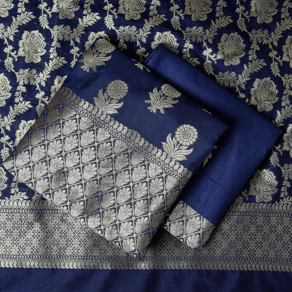 Blue - 3pc Banarasi Jaal & Buti Cutwork Zari Work Silk Suit Material Set