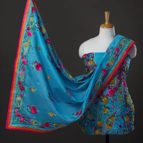 Blue - 3pc Hand Embroidery Chanderi Silk Phulkari Dress Material 57