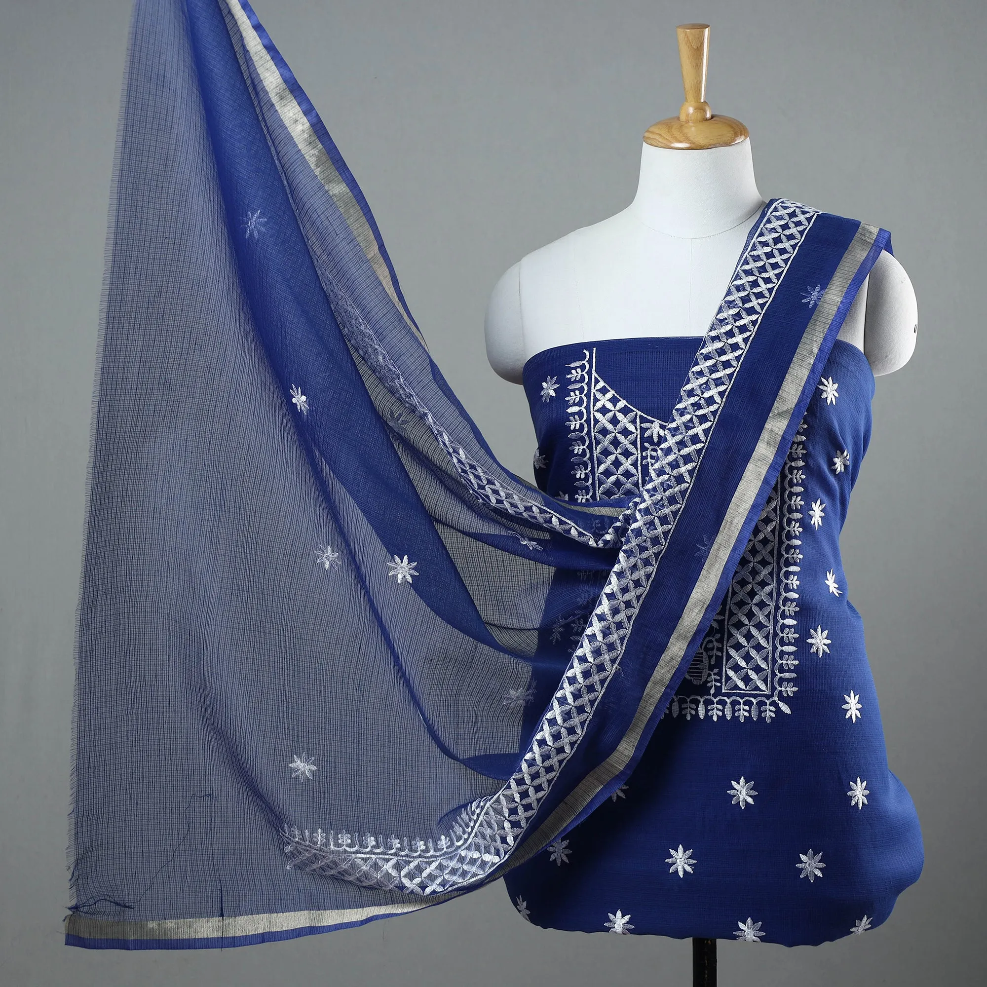 Blue - 3pc Kota Doria Cotton Embroidered Suit Material Set 13