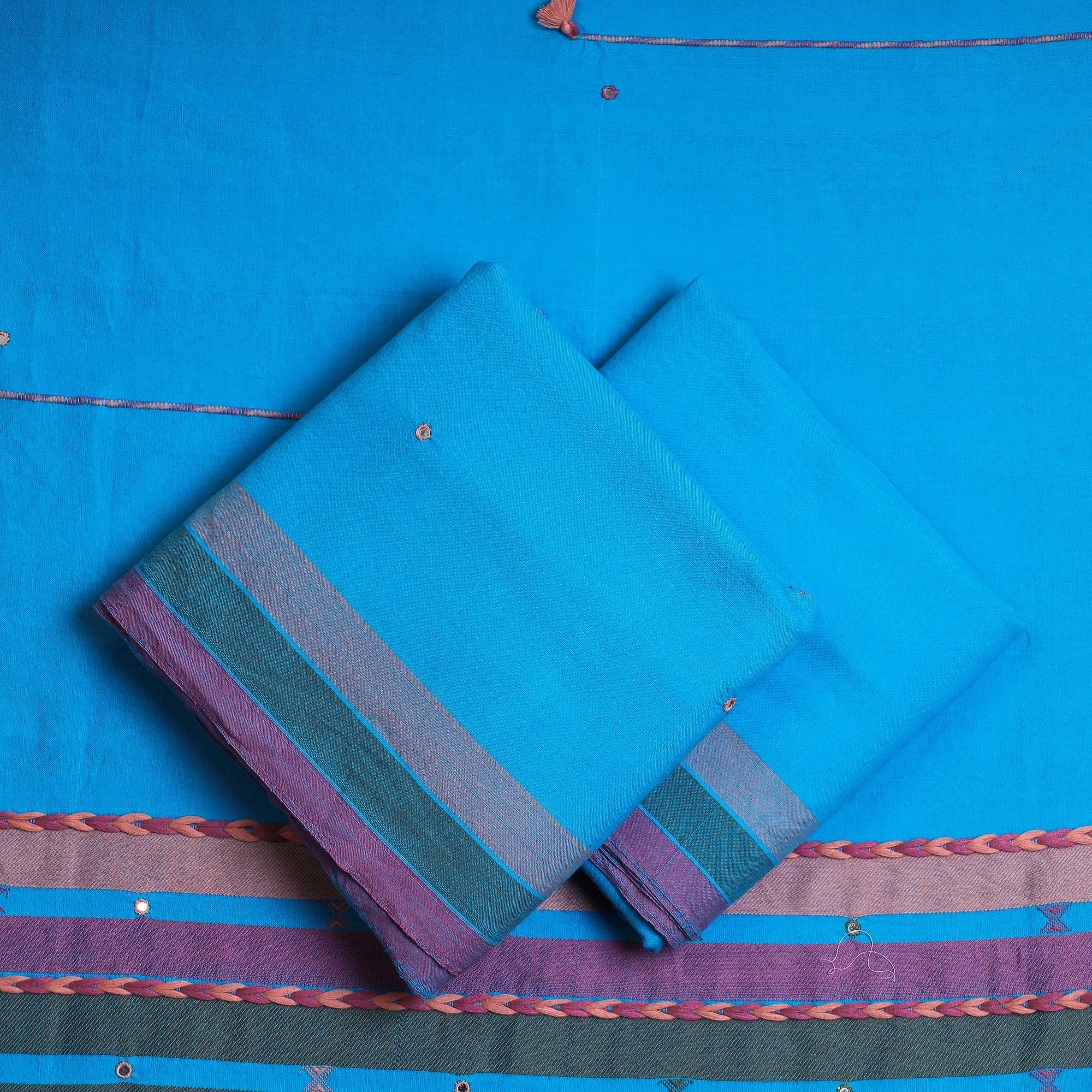 Blue - 3pc Kutch Bhujodi Weaving Mirror Work Handloom Fine Cotton Suit Material Set