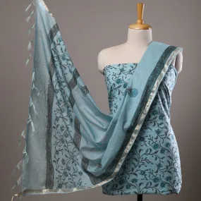 Blue - 3pc Sanganeri Block Printed Cotton Suit Material with Chanderi Silk Dupatta 14