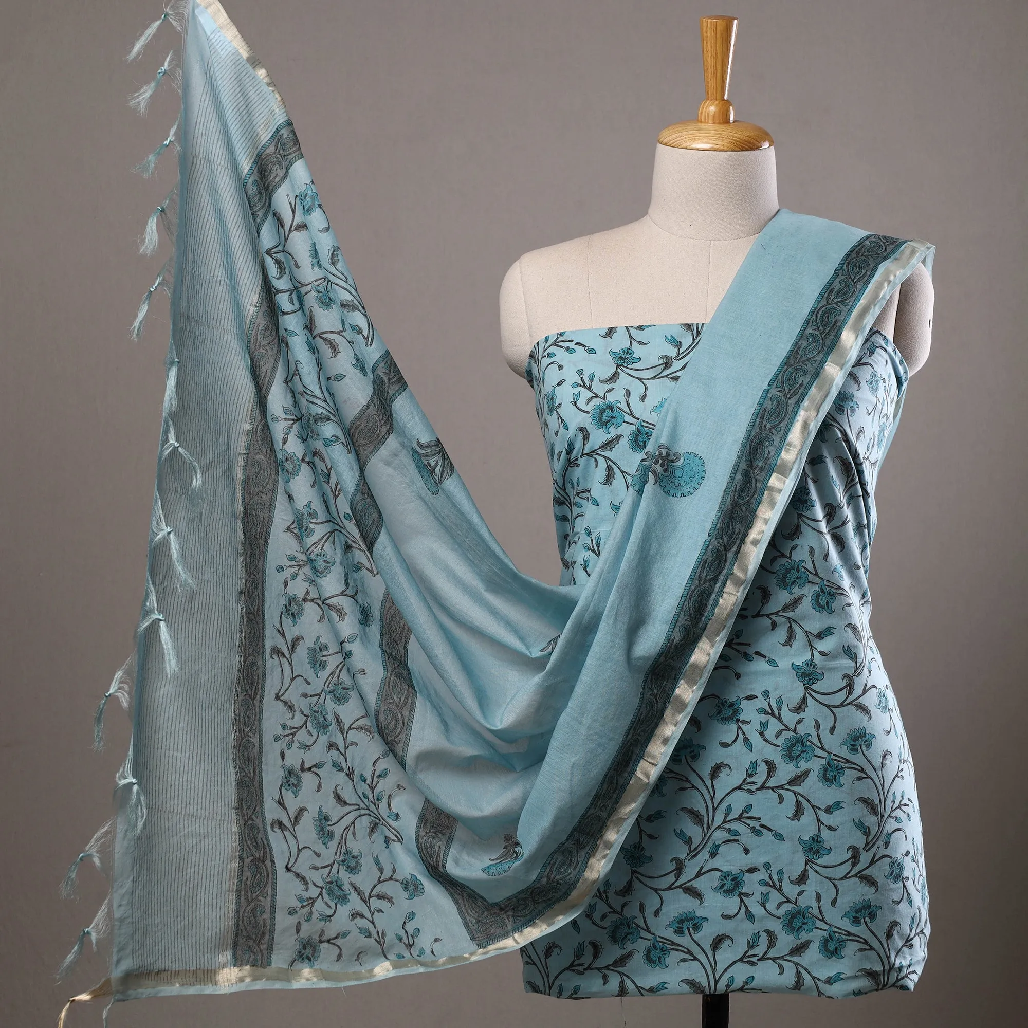 Blue - 3pc Sanganeri Block Printed Cotton Suit Material with Chanderi Silk Dupatta 14