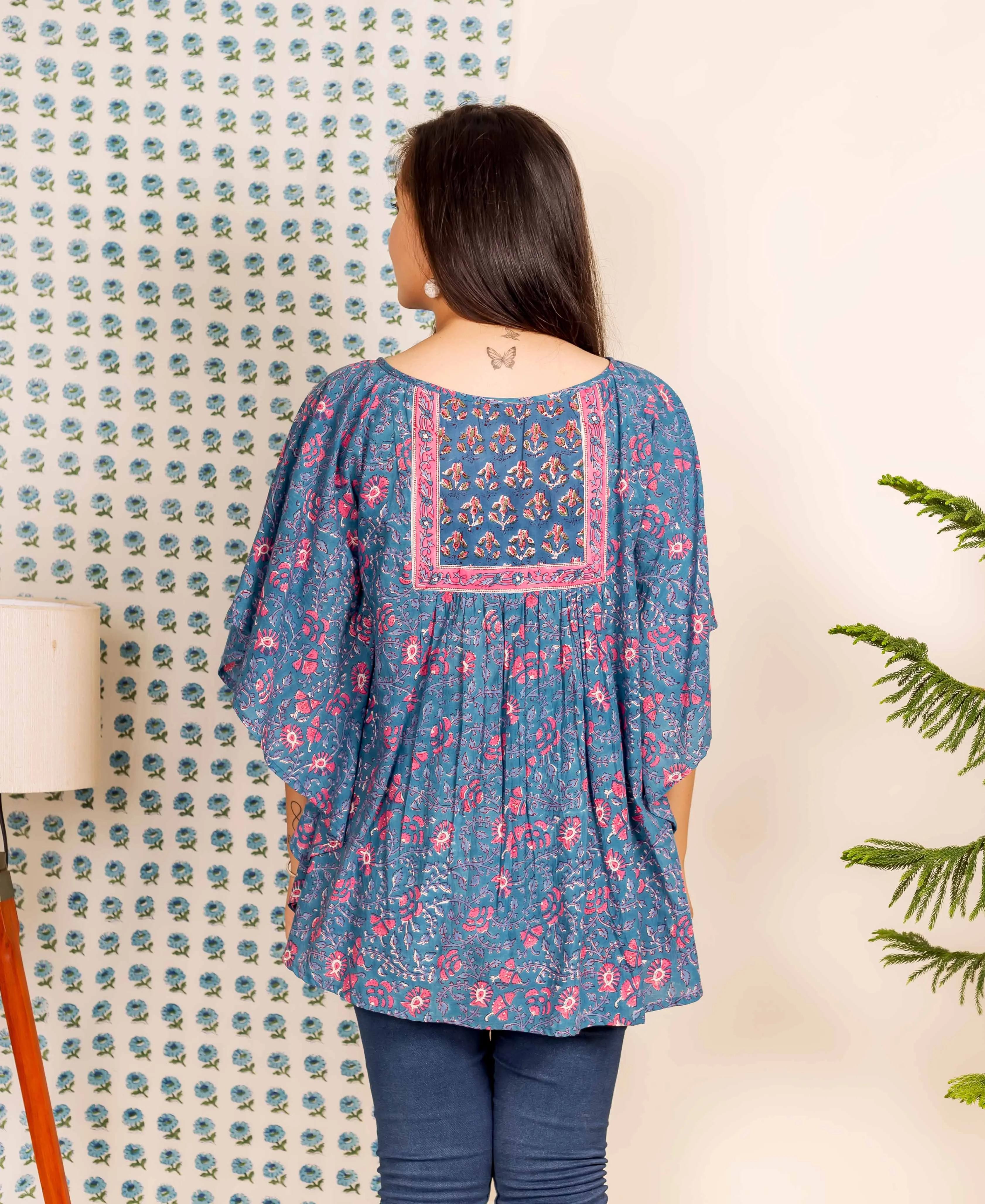 Blue and Pink Hand Block Printed Kaftan Top