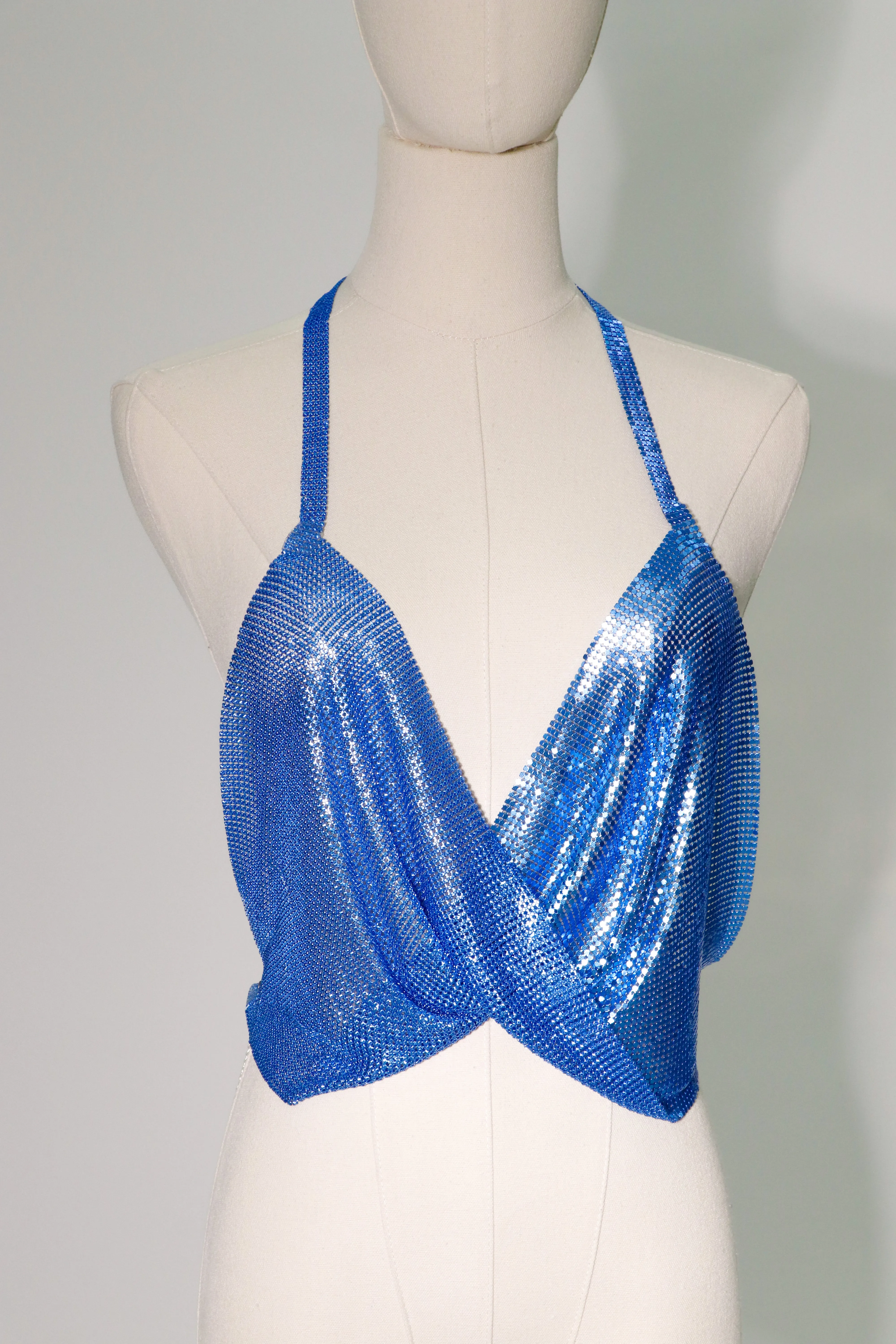 blue  backless metallic  top