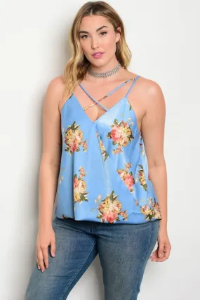 Blue Floral Crossed Neckline Plus Size Top