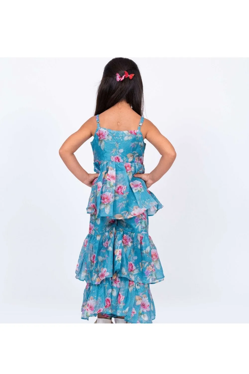 Blue Floral Printed Layered Embellished Top & Layered Sharara Set