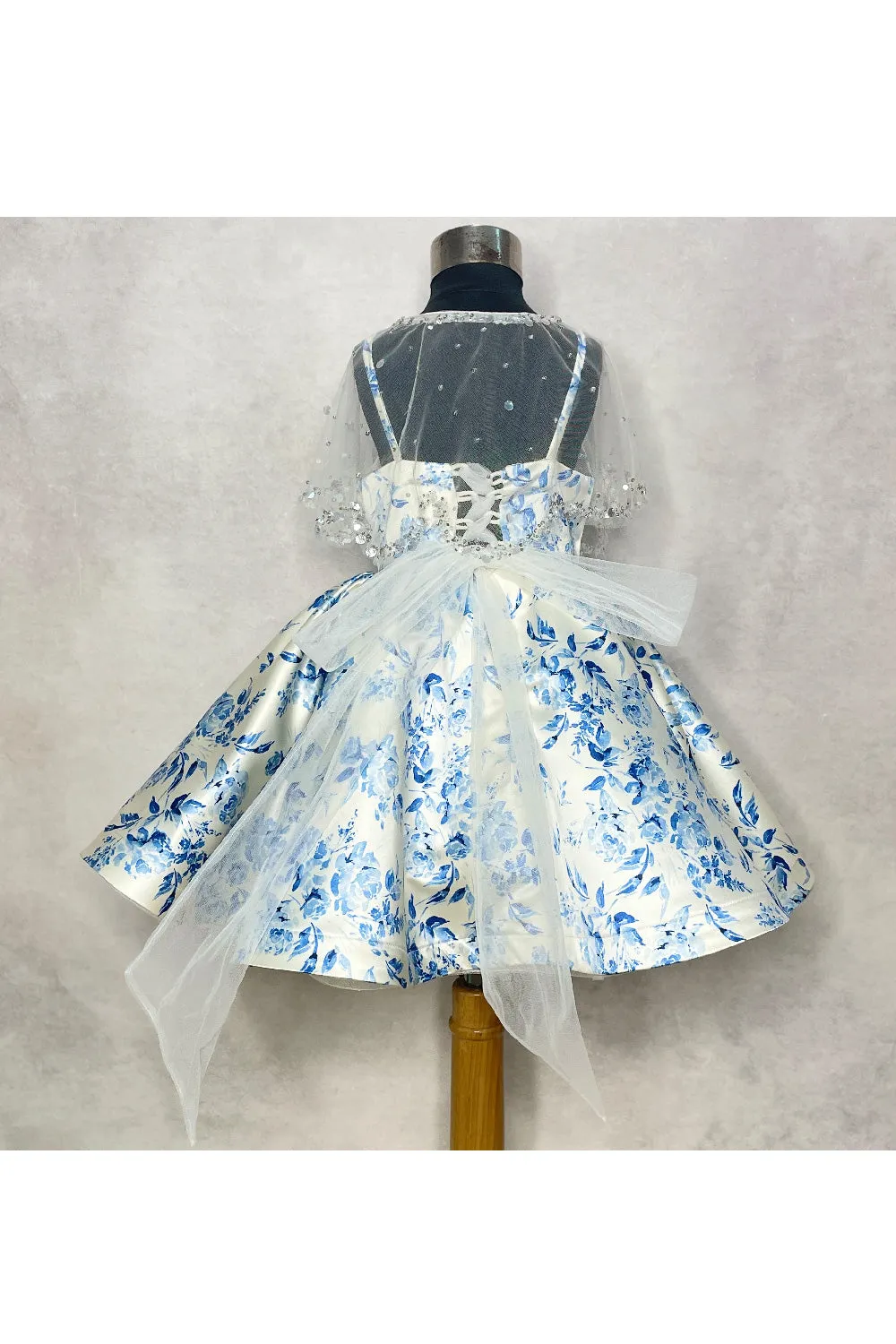 Blue Floral Printed White Satin Dress With Cape