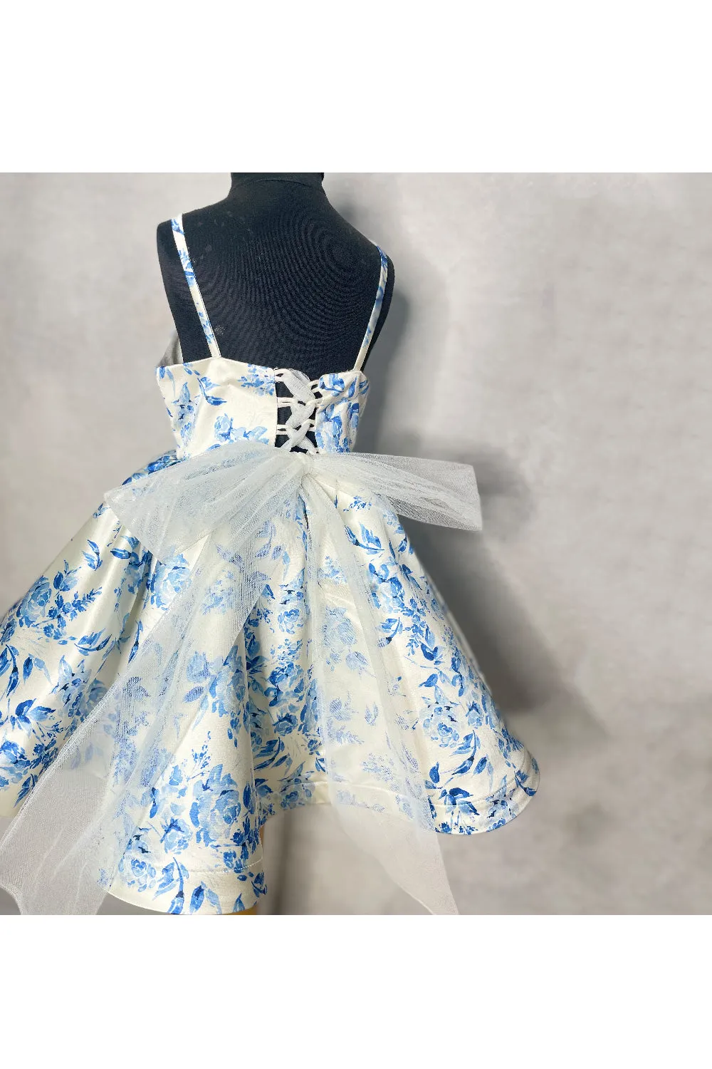 Blue Floral Printed White Satin Dress With Cape