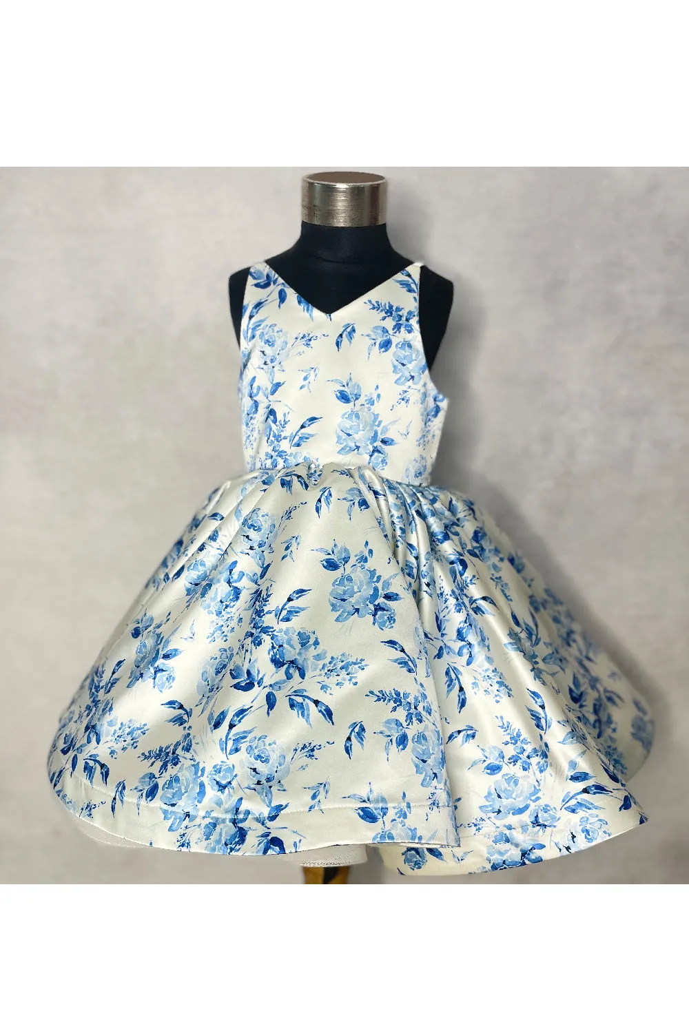 Blue Floral Printed White Satin Dress With Cape