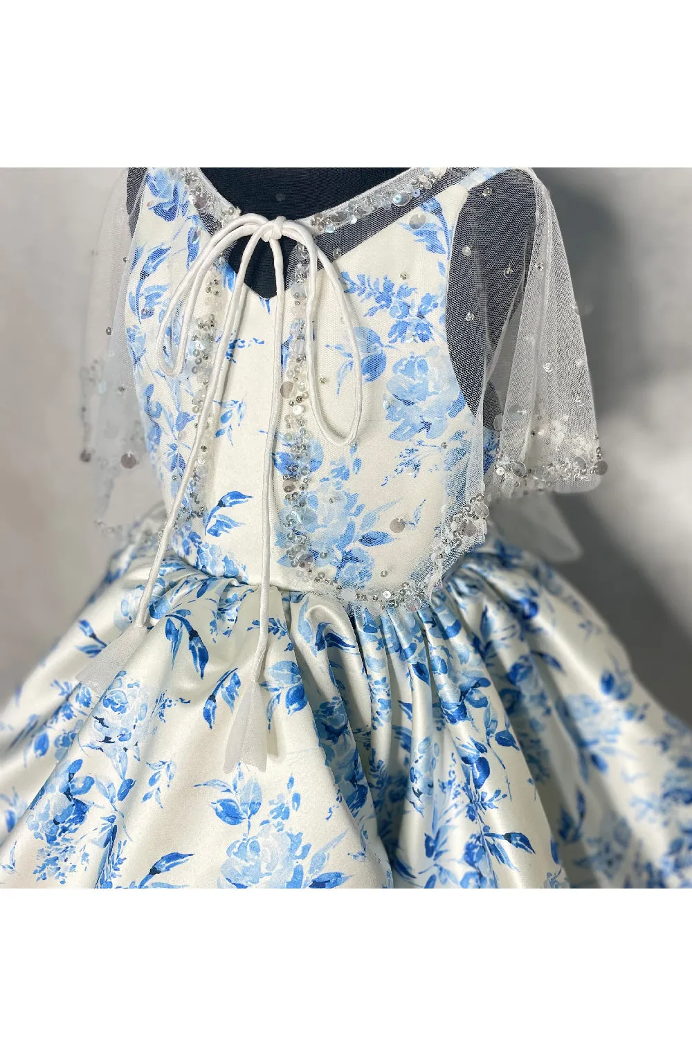 Blue Floral Printed White Satin Dress With Cape