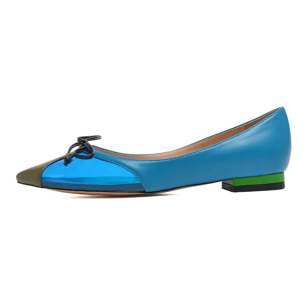 Blue Genuine Leather Flats Clear Pvc Casual Shoes With Bow