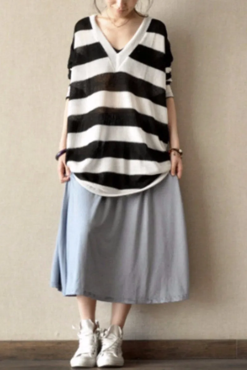 Blue Pinstripe Cotton A-Style Skirt Casual Women Clothes L0029