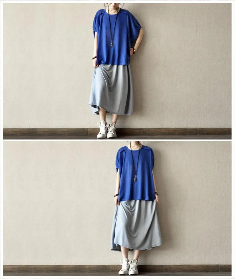 Blue Pinstripe Cotton A-Style Skirt Casual Women Clothes L0029