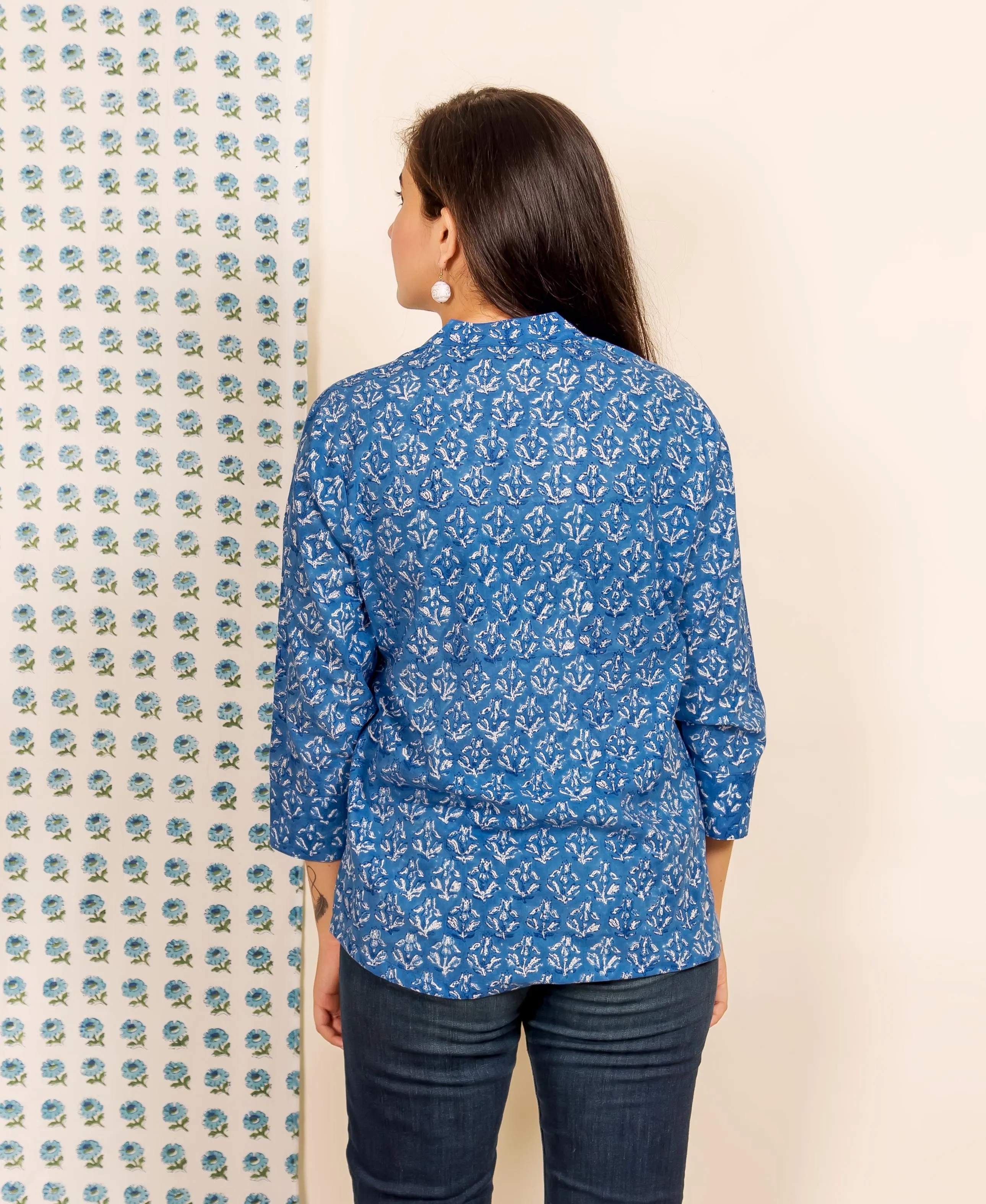 Blue Pintuck Hand Block Printed Top